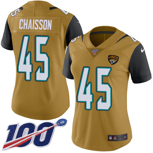 Nike Jacksonville Jaguars #45 kLavon Chaisson Gold Women Stitched NFL Limited Rush 100th Season Jersey->women nfl jersey->Women Jersey